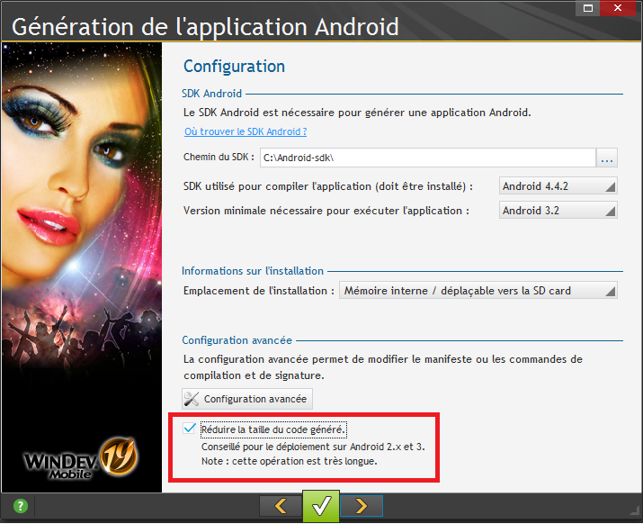 Nouvelle option pour la création des applications Android avec WINDEV Mobile 190044 : "réduire la taille du code généré".