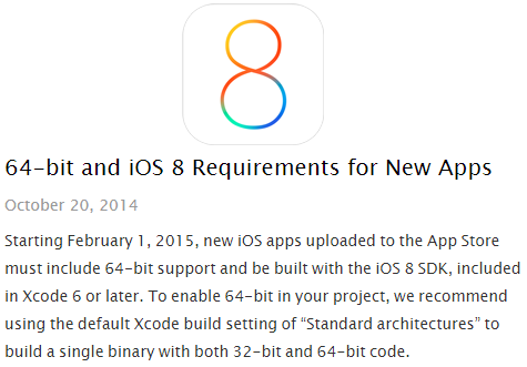 Développement iOS (iPhone, iPad), à compter du 1/2/2015 la diffusion d'une application sur l'AppStore nécessite sa compilation en 32 et 64 bits