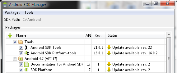 Message "le fichier est introuvable" avec le Android SDK Tools 22 